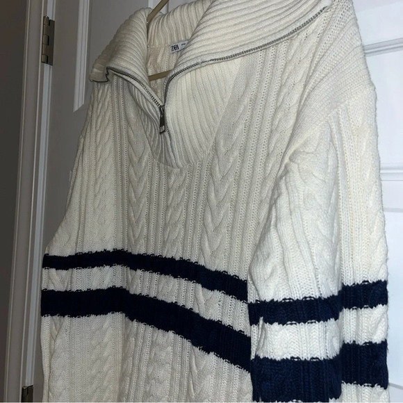 ZARA Women's Cream And Blue Striped Knit 1/4 Zip Long Sleeve Sweater Size Med - Picture 3 of 8